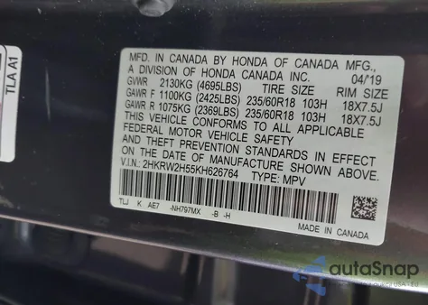 2019 Honda Cr-V Ex из США, поврежденный, VIN 2HKRW2H55KH626764